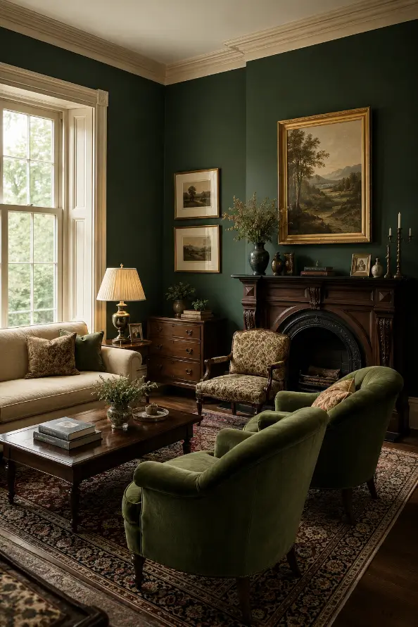 Moody Victorian Living Room With Deep Green Walls