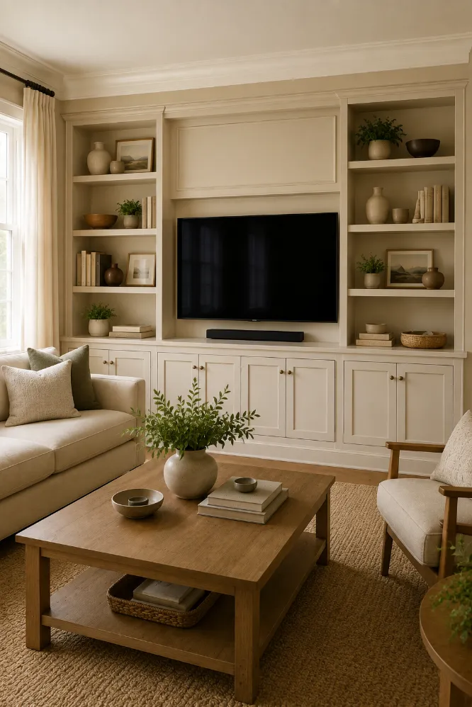 Natural Wood Built-In Shelves Living Room