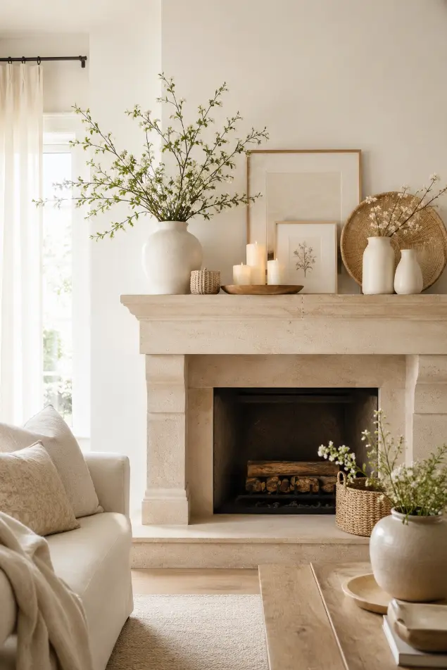 Neutral Spring Mantel Decorating Ideas