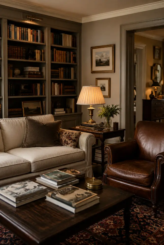 Old Money Living Room With Built-In Bookshelves