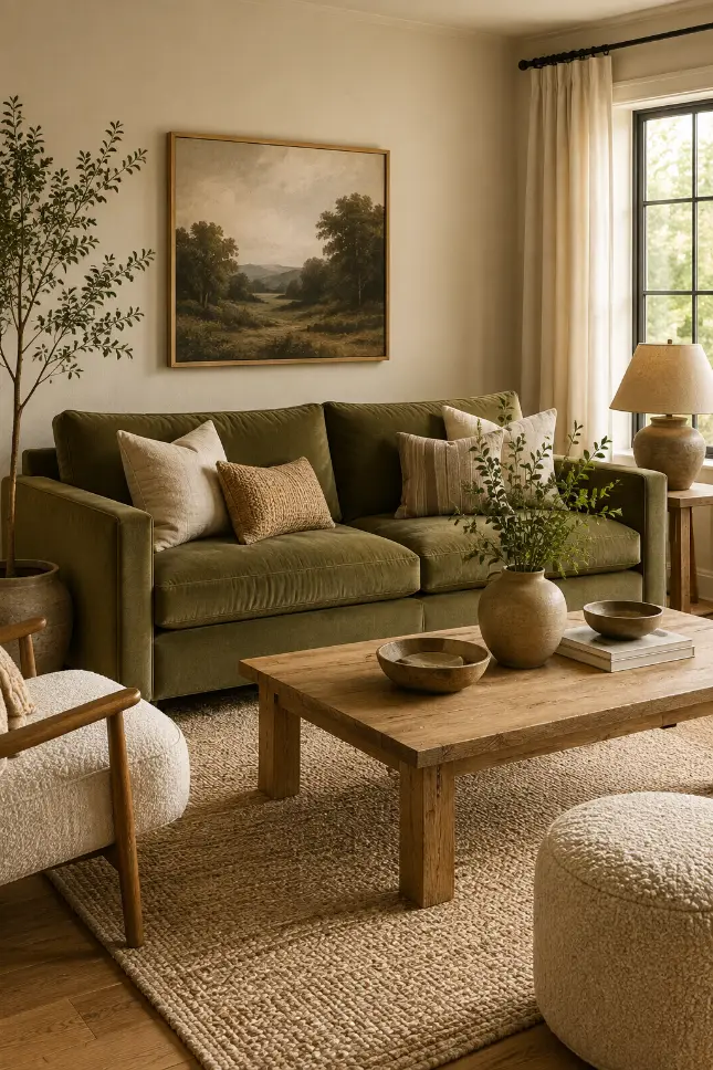 Olive Green Sofa Living Room With Warm Neutrals