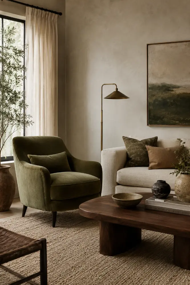 Olive Green and Warm Gray Living Room Inspiration