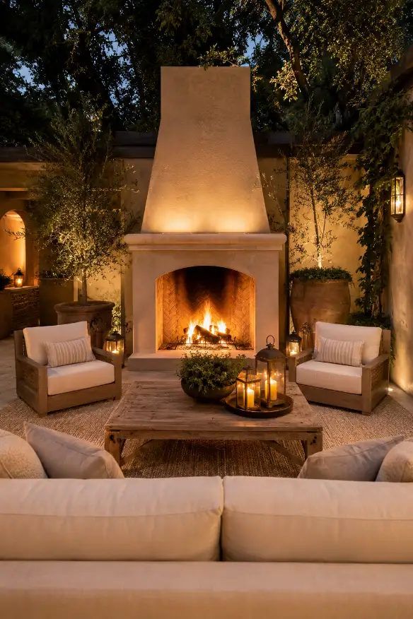 Outdoor Living Room With a Cozy Fireplace