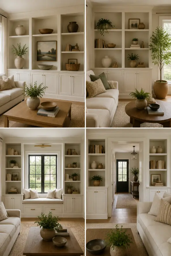 Oversized objects, greenery, window seat, shelving around a door.