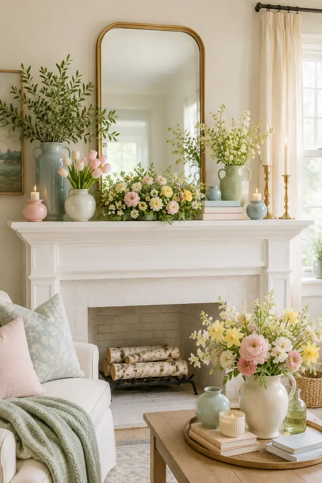Soft Pastel Spring Mantel Decorating Ideas