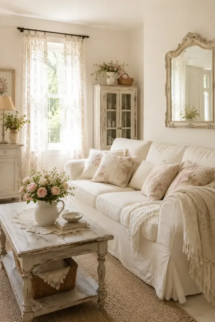 Soft White Shabby Chic Living Room Idea