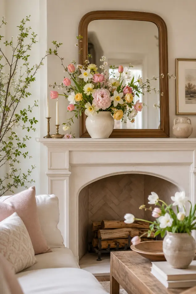 Spring Mantel Decor With Fresh Flowers