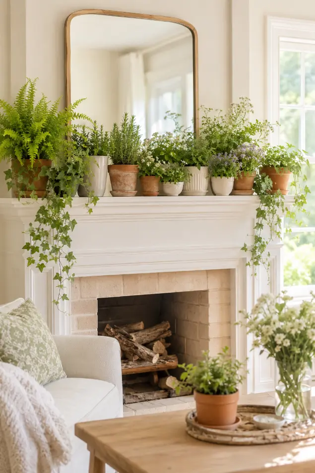 Spring Mantel Decor With Potted Plants