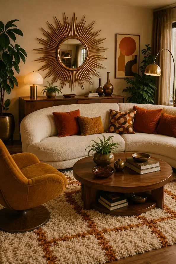 Sunburst Mirror Retro Living Room Idea