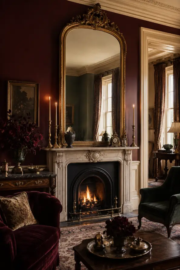 Victorian Fireplace With an Ornate Antique Mirror