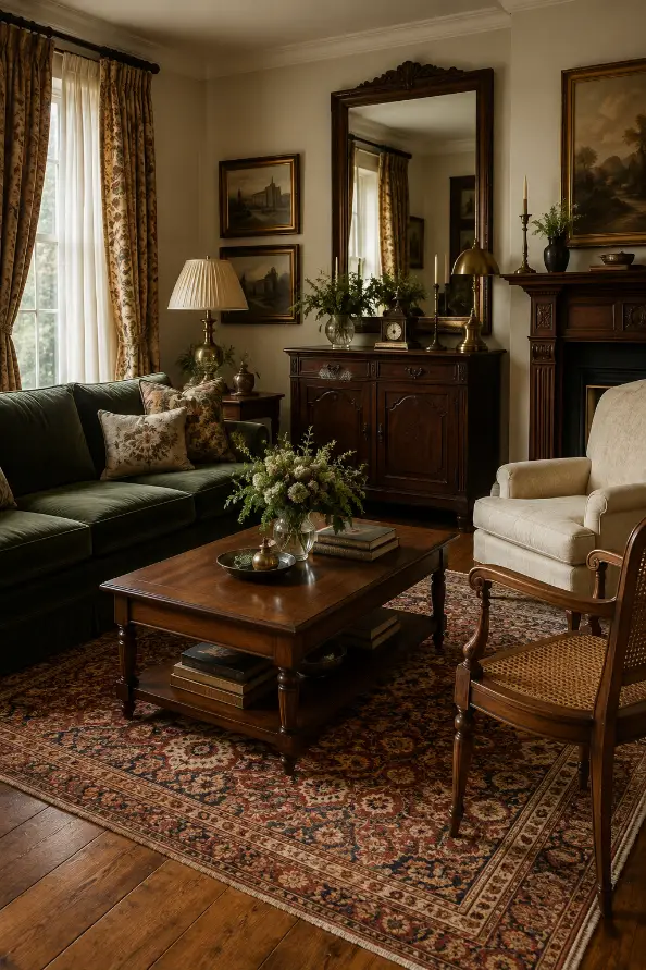 Victorian Living Room With Mixed Wood Tones