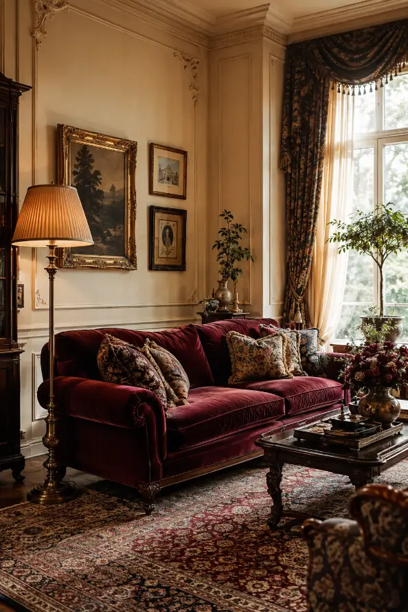 Victorian Living Room With a Rich Velvet Sofa