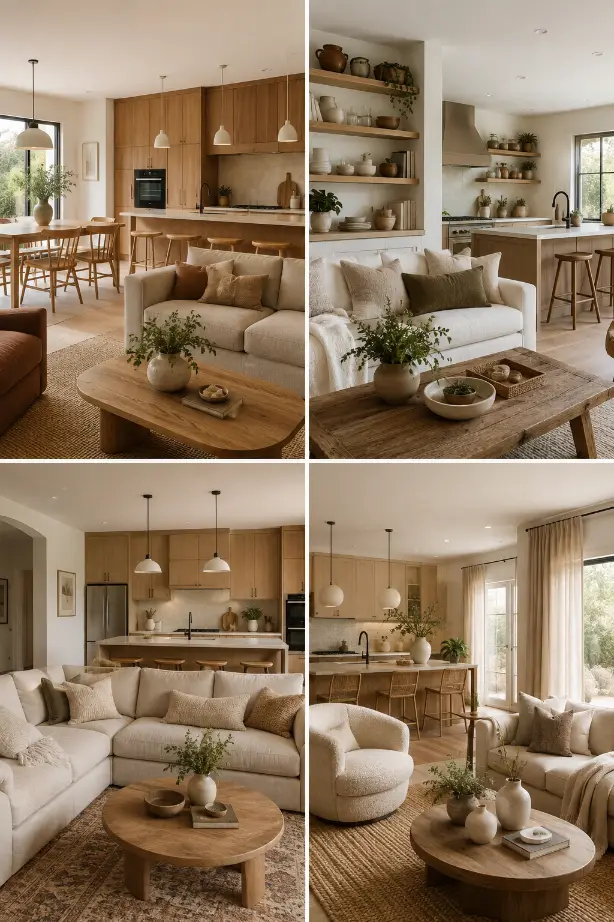 Warm Open Space Living Room and Kitchen Ideas