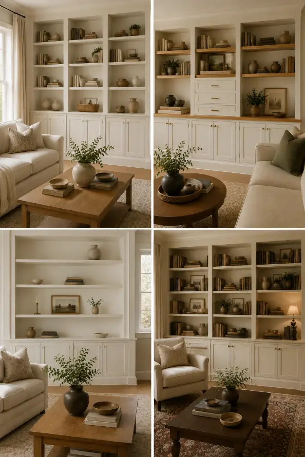 Warm white shelves, mixed storage, empty space, different book arrangements.