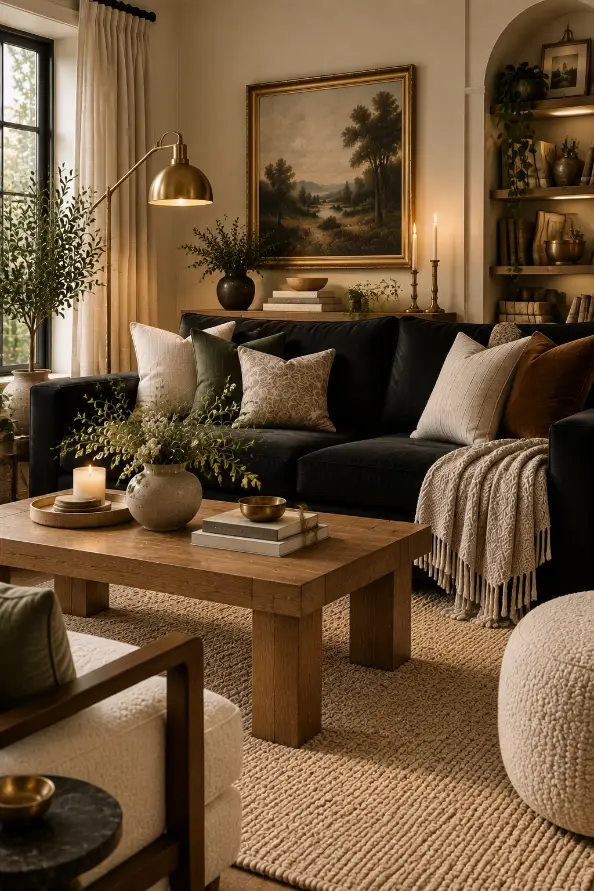 Black Sofa Living Room With Brass Accents