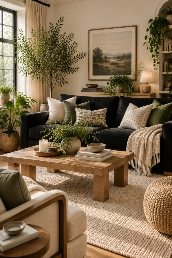 Black Sofa Living Room With Green Plants