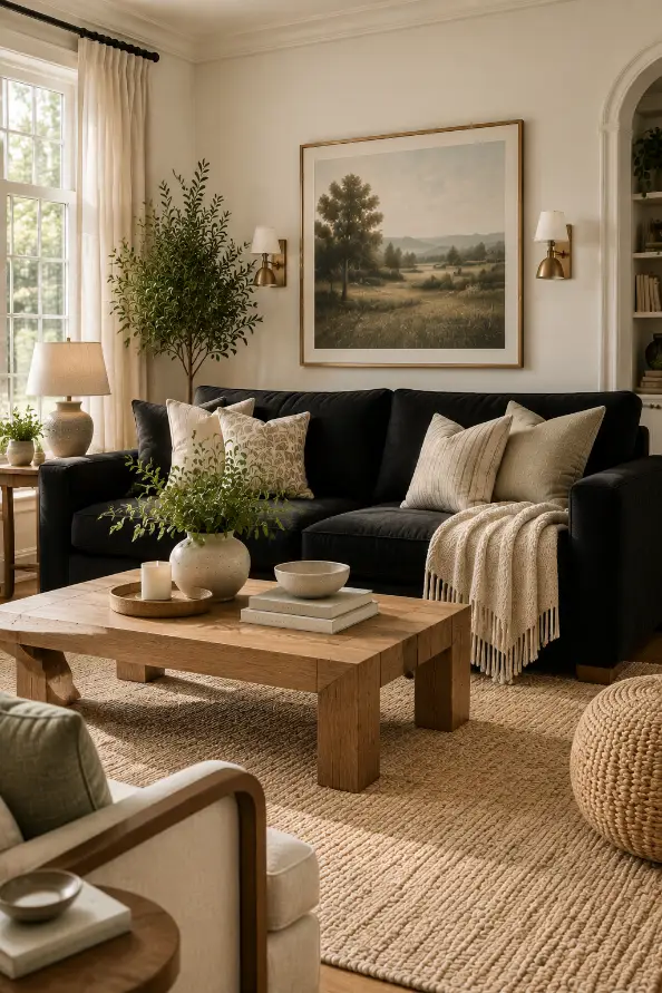 Black Sofa Living Room With Warm White Walls