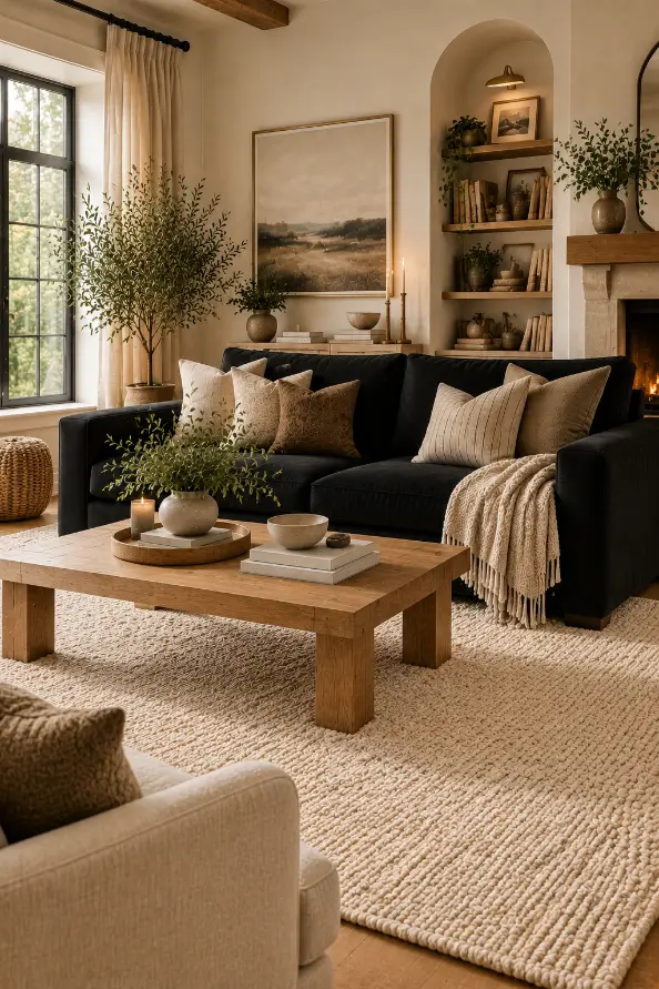 Black Sofa With Cream Rug Living Room Ideas