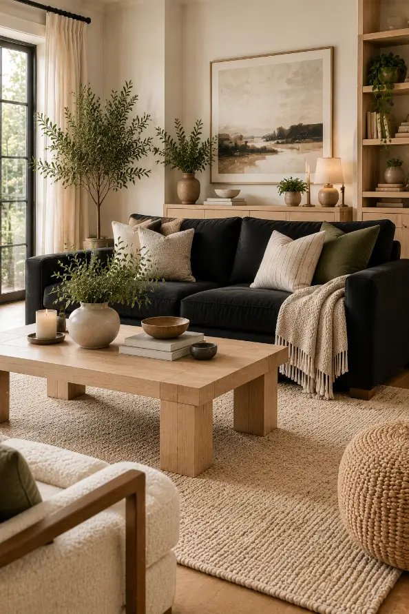Black Sofa and Natural Wood Living Room Ideas