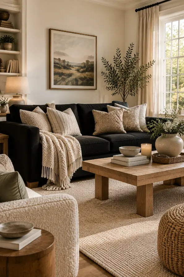 Cozy Black Sofa Living Room With Beige Decor