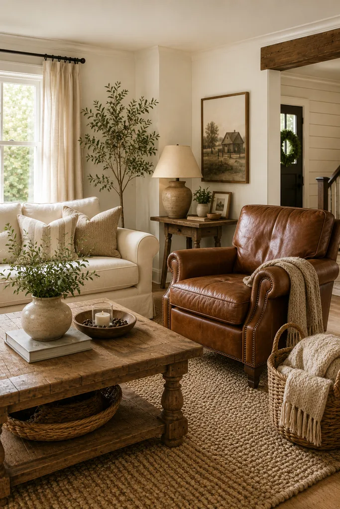 Farmhouse Living Room With Brown Leather Accents