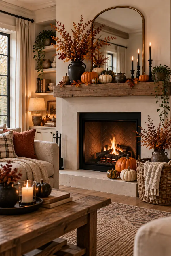 Halloween Fireplace Mantel Decor With Pumpkins