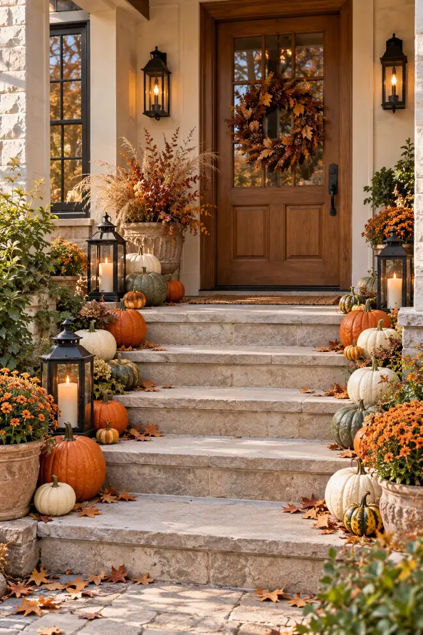 Halloween Front Steps Decor With Pumpkins