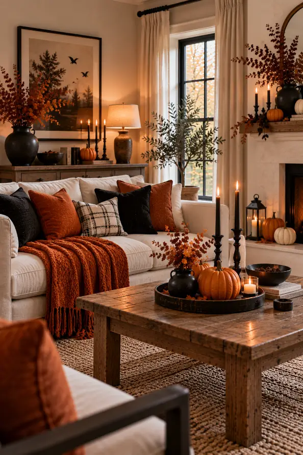 Orange and Black Halloween Living Room Decor