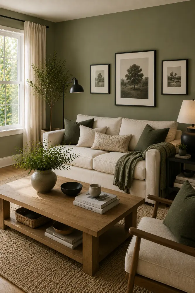 Sage Green Living Room With a Cream Sofa