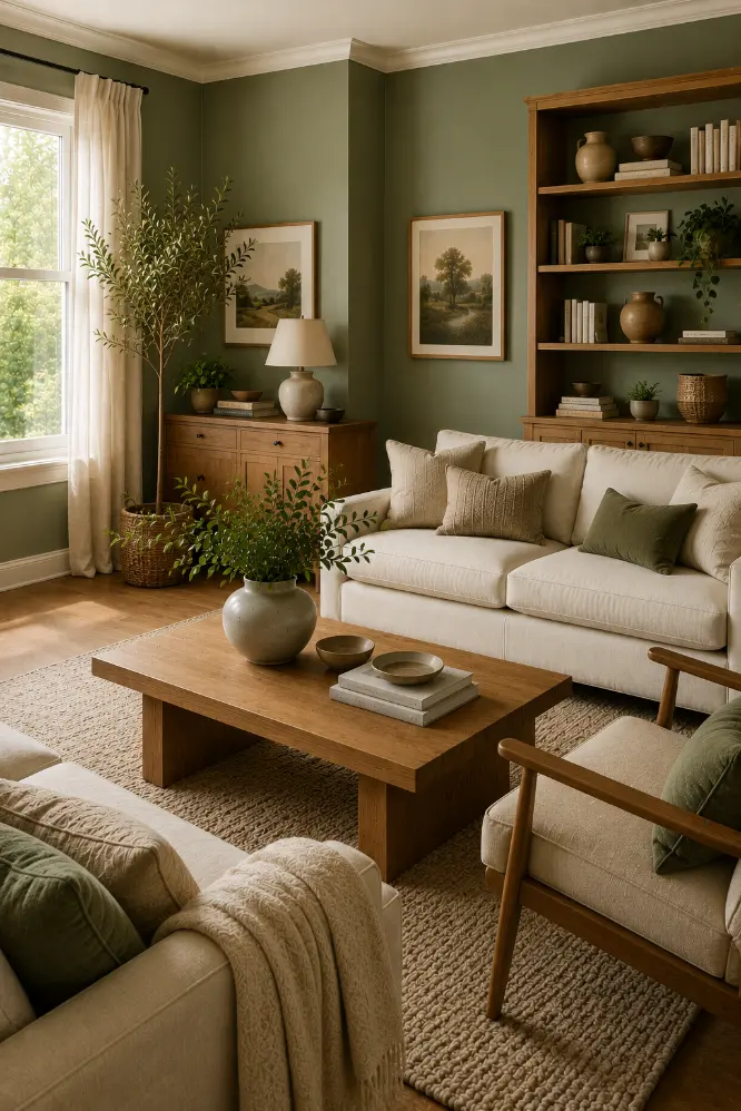 Sage Green Walls With Warm White Trim