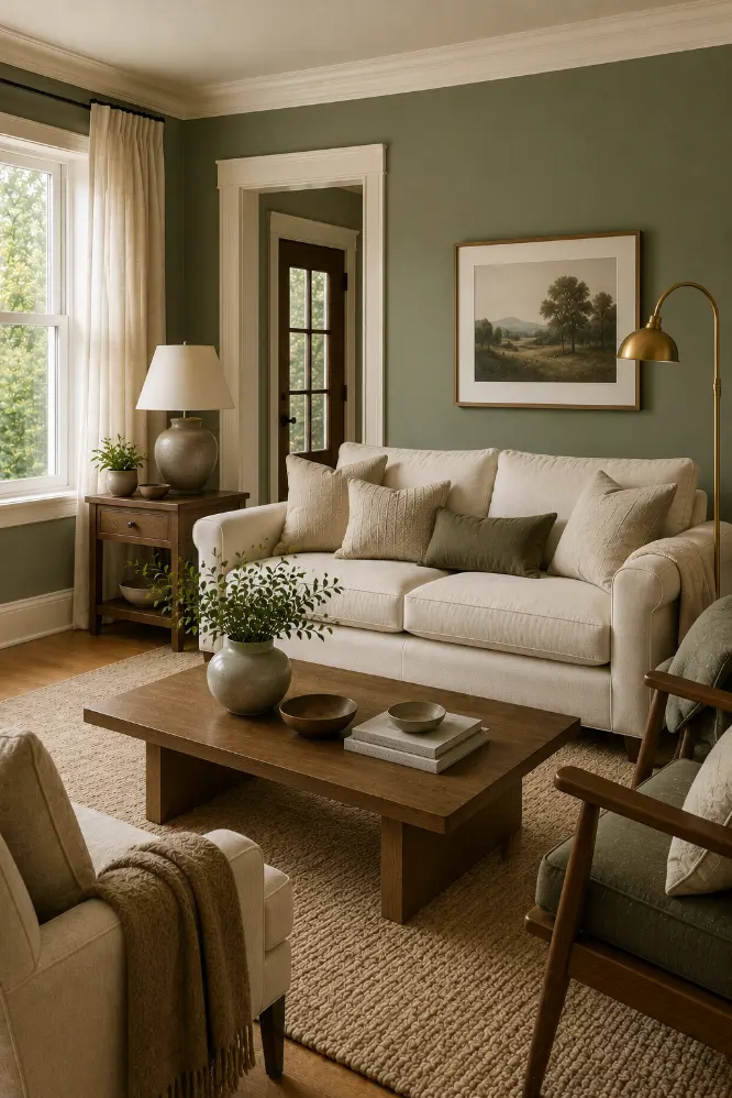 Sage Green and Natural Wood Living Room Ideas