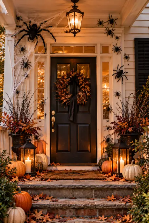 Spider-Covered Halloween Front Door Decor