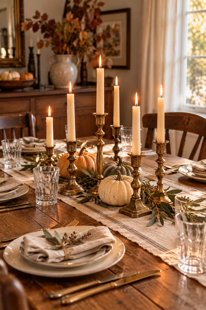 Vintage Brass Candlestick Thanksgiving Table Decor