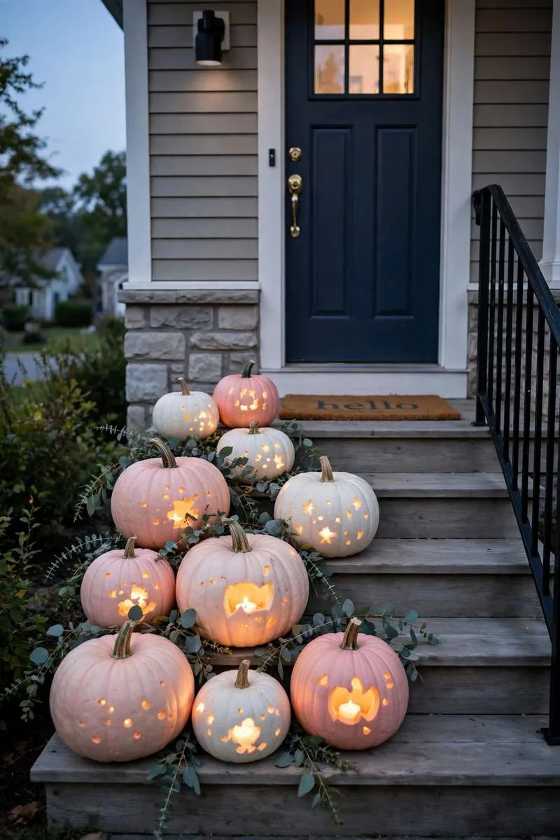 Blush, pale pink and white pumpkins stacked on front steps with eucalyptus and warm light