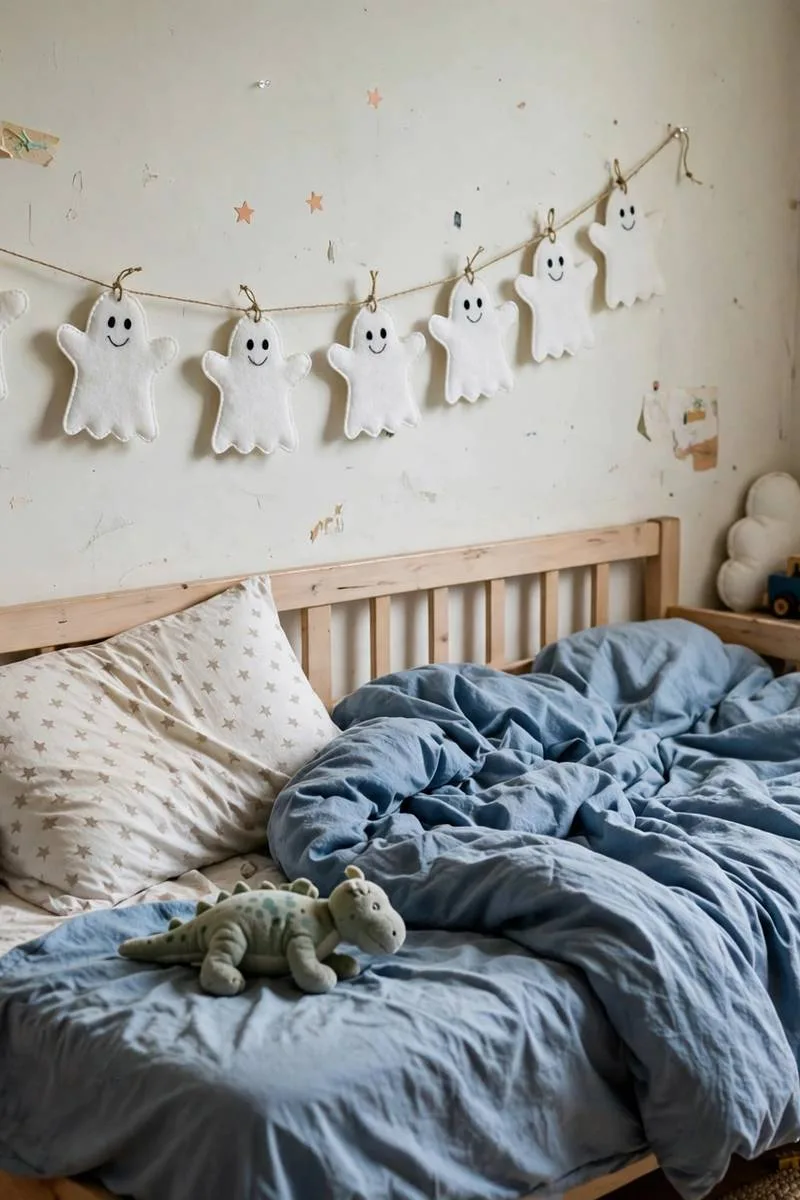Friendly white felt ghost garland with smiling faces across a kids bedroom wall