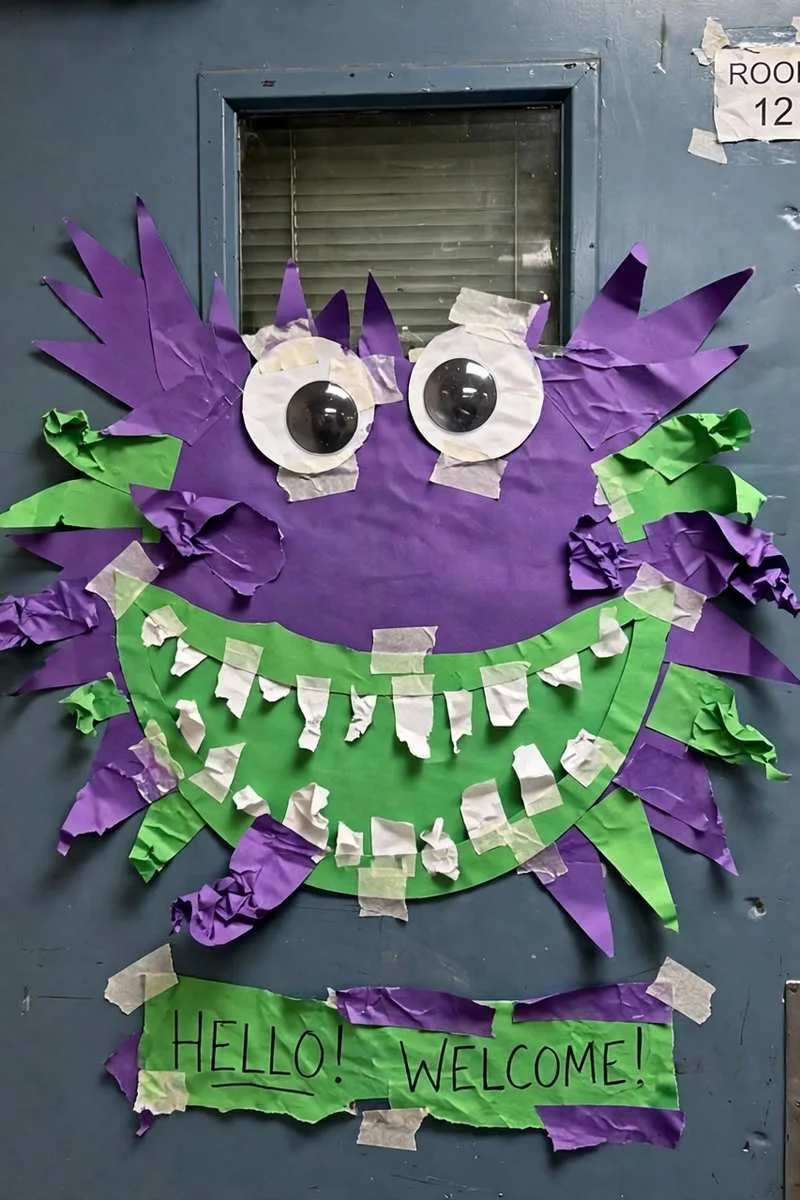 Friendly monster classroom door with googly eyes and paper teeth