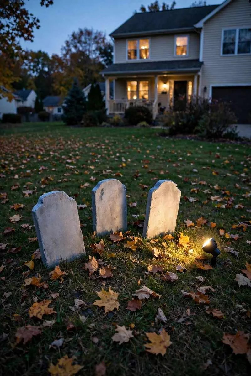 Haunted front yard graveyard with crooked tombstones, dead leaves and fog at night