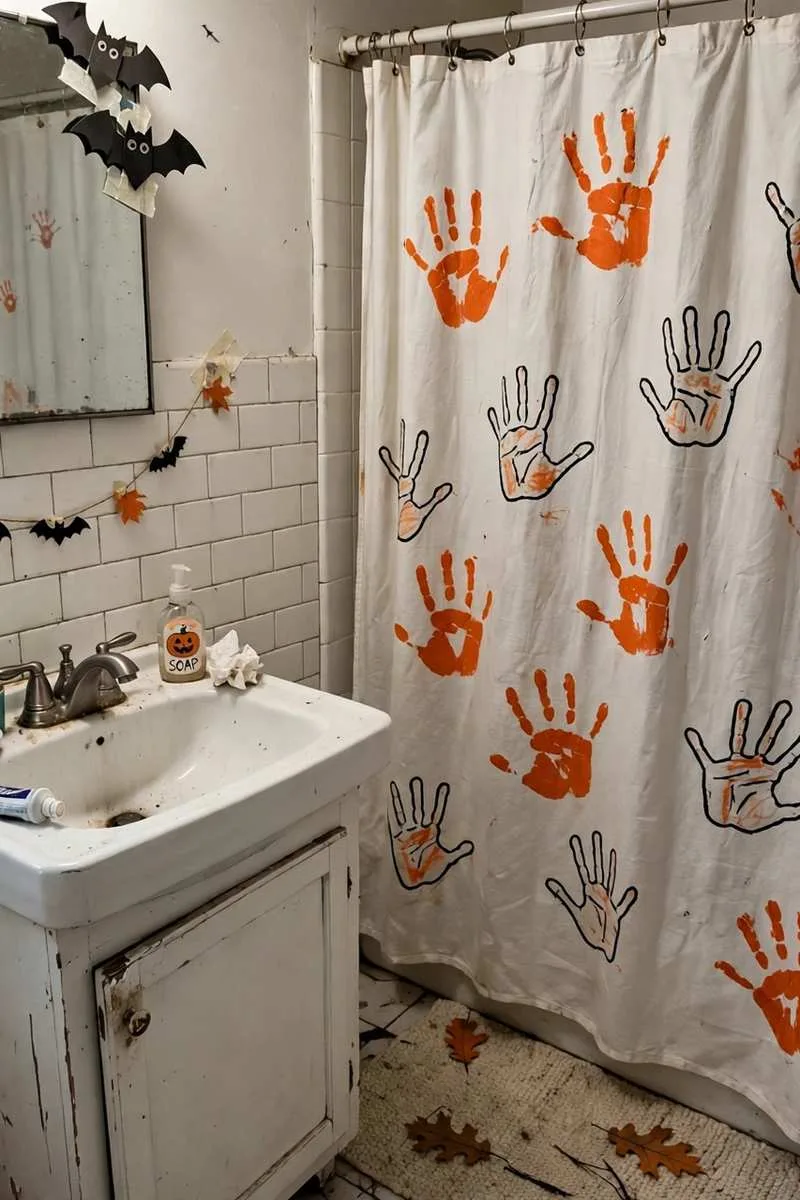 Halloween bathroom with a shower curtain with cartoonish handprints