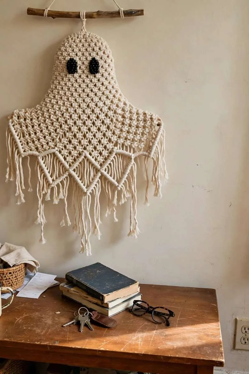 Cream macrame ghost wall hanging on a wooden dowel above a console table