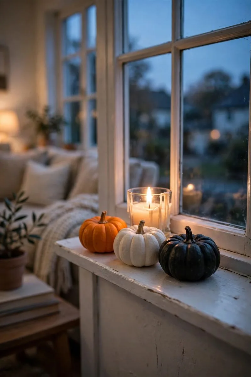 Mini pumpkins in orange, white and black on a windowsill with a candle behind them