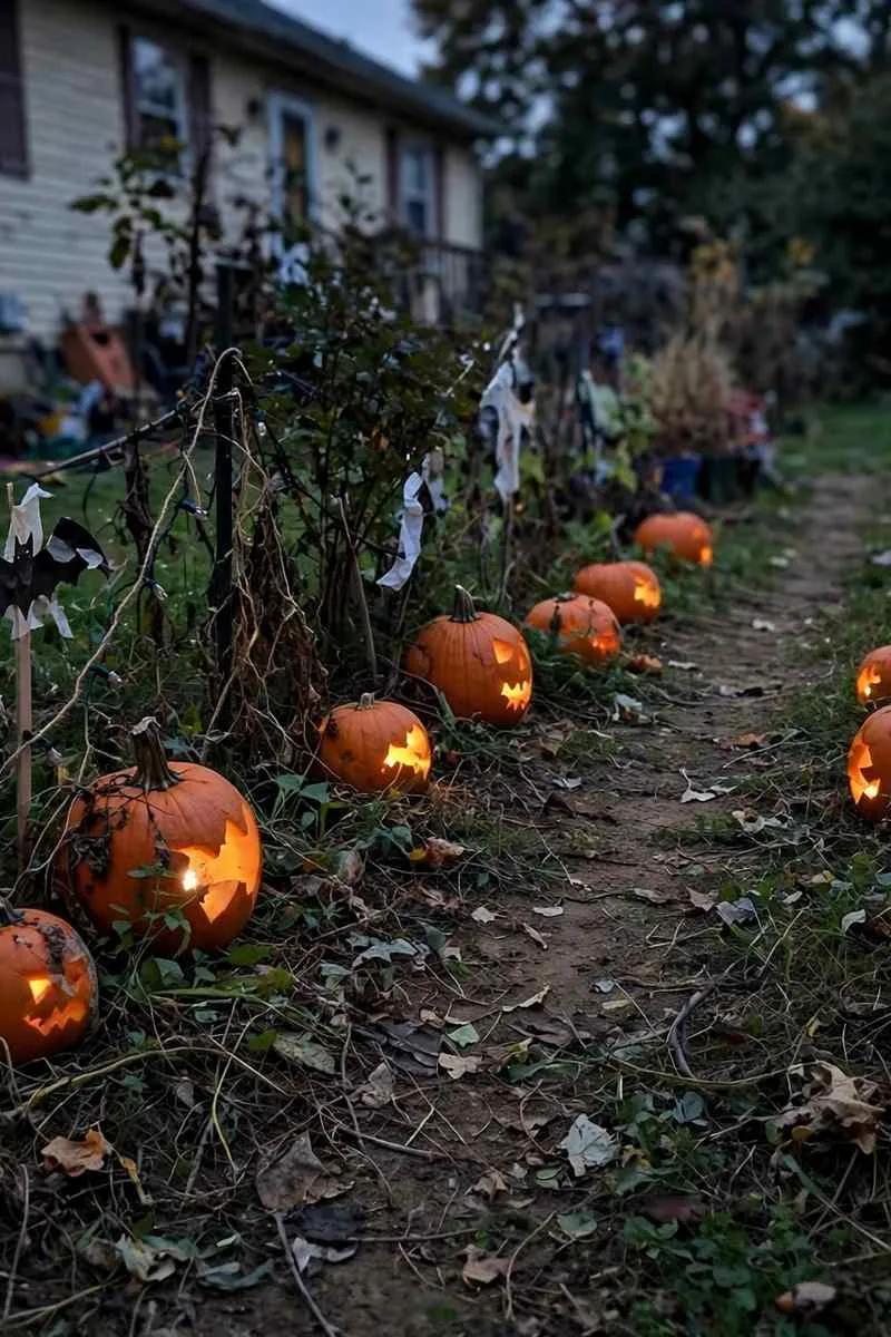 Garden path lined with glowing pumpkins at dusk