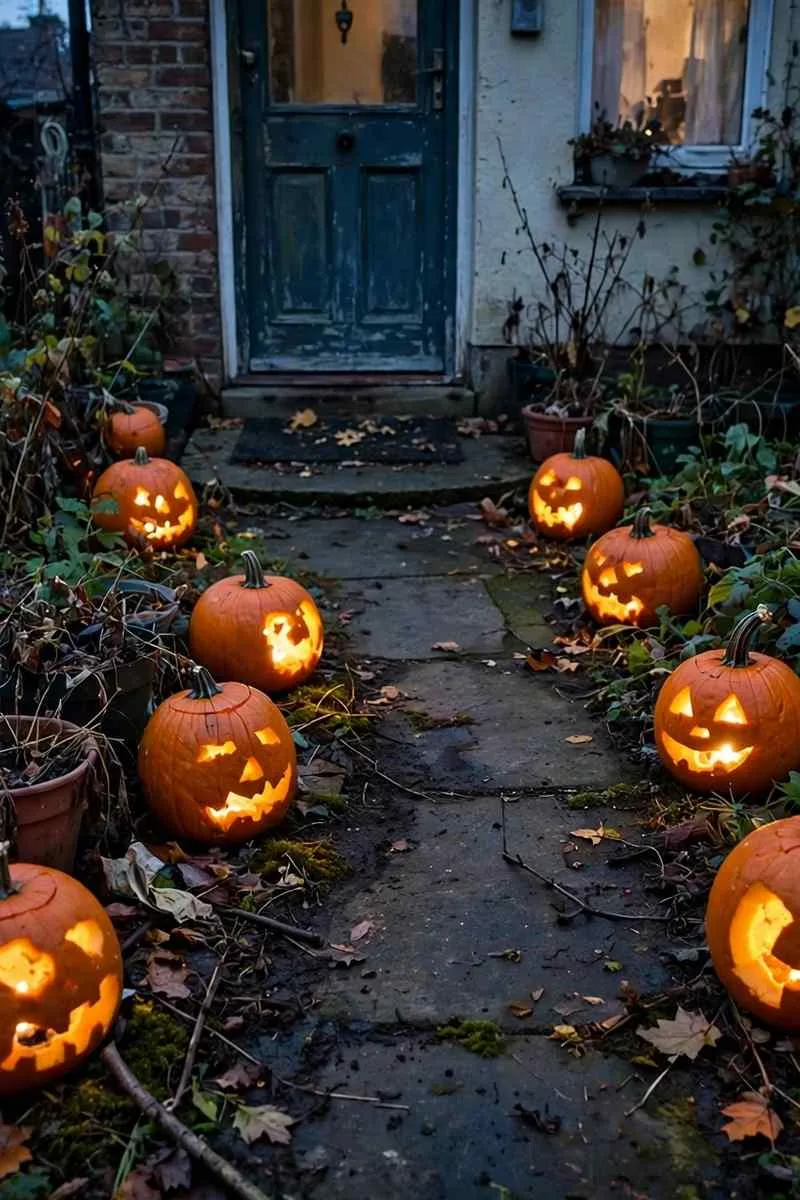 Pumpkin pathway lanterns glowing along a path to a front door at dusk