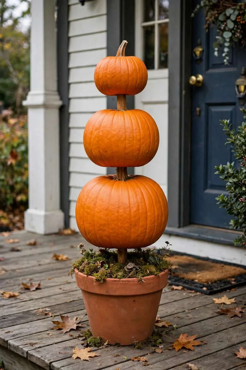 Pumpkin stack topiary with three pumpkins in a terracotta pot on a porch