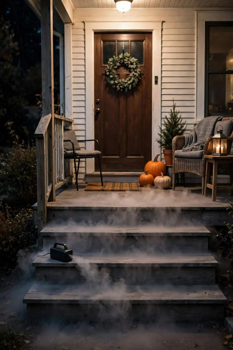 Halloween porch steps covered in thick fog with green light glowing underneath