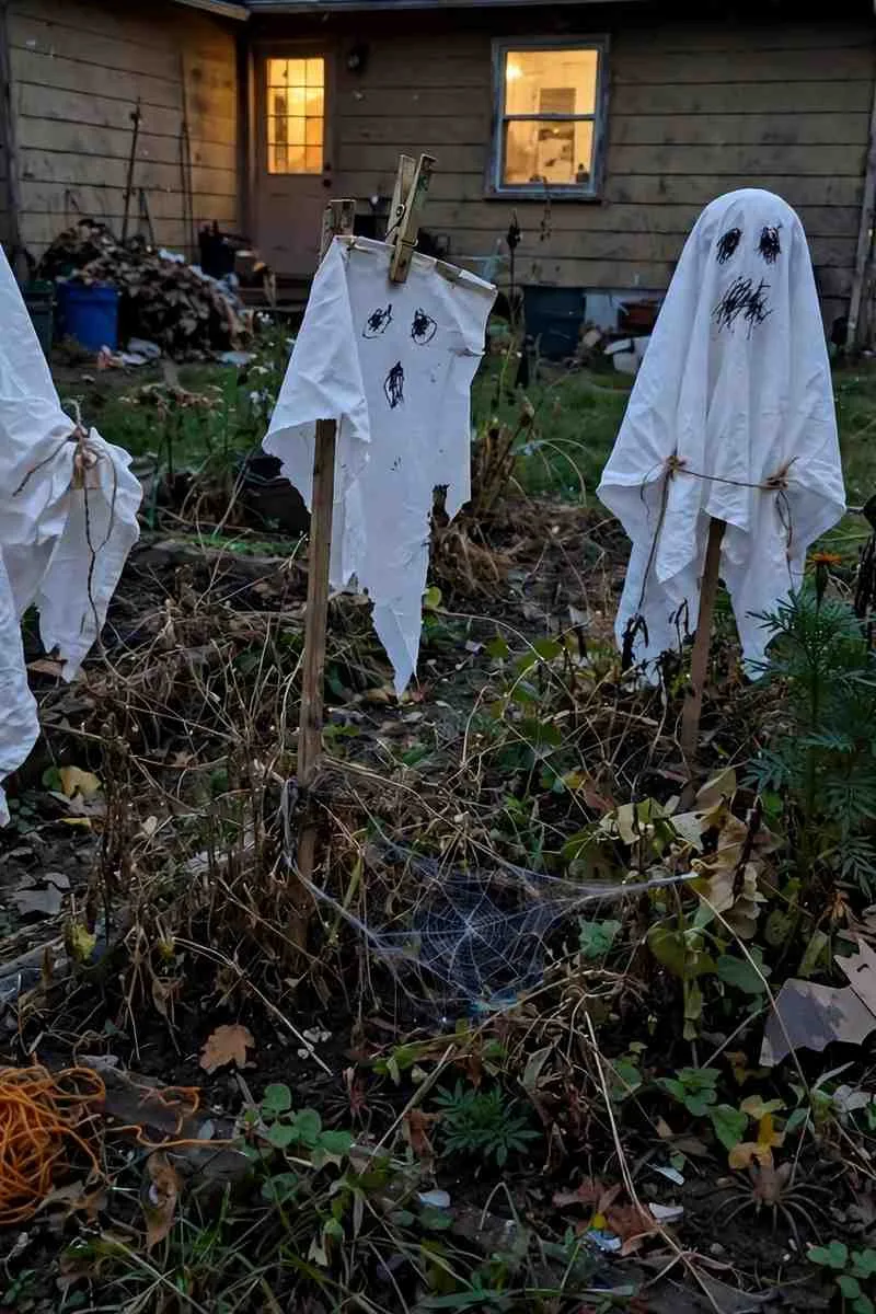 White sheet ghosts on stakes above flower beds in a garden