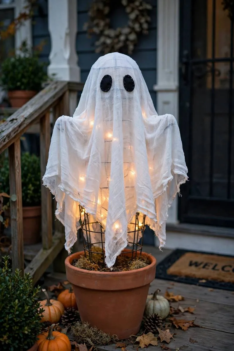 Ghost topiary in a terracotta pot with white fabric and glowing fairy lights
