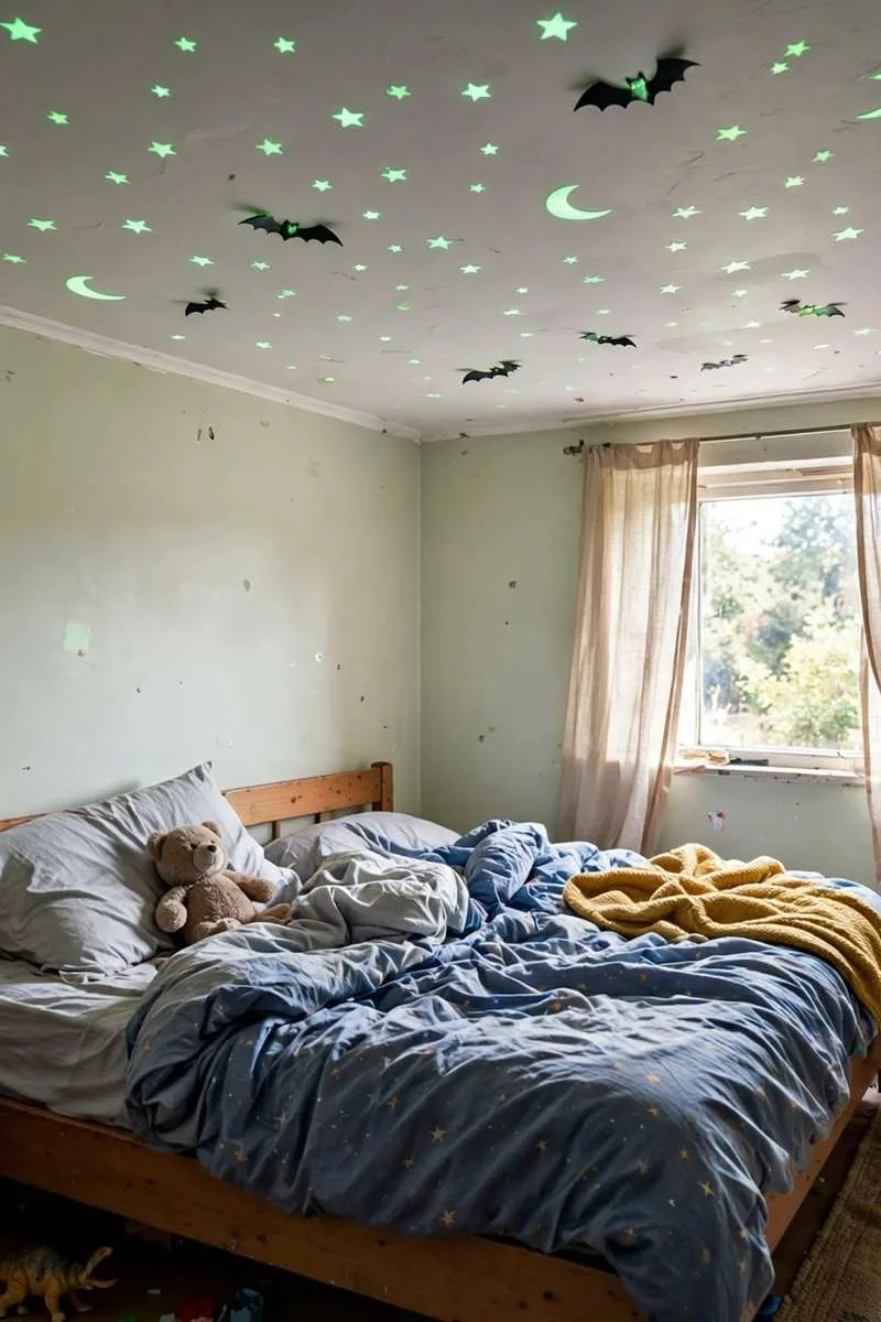 Glow-in-the-dark stars, moons and bats on a kids bedroom ceiling above a bed