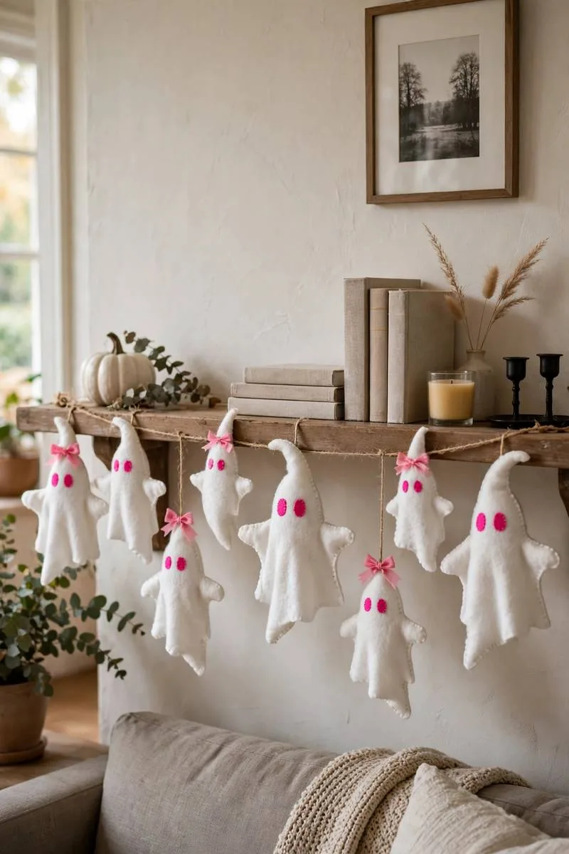 White felt ghost garland with hot pink eyes and pink bows hanging on a mantel