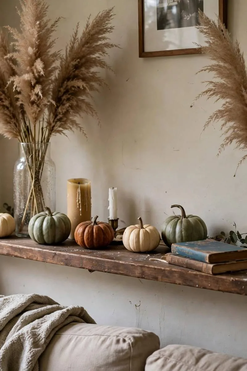 Tall vases with dried pampas grass and small cream, rust and sage pumpkins along a mantel