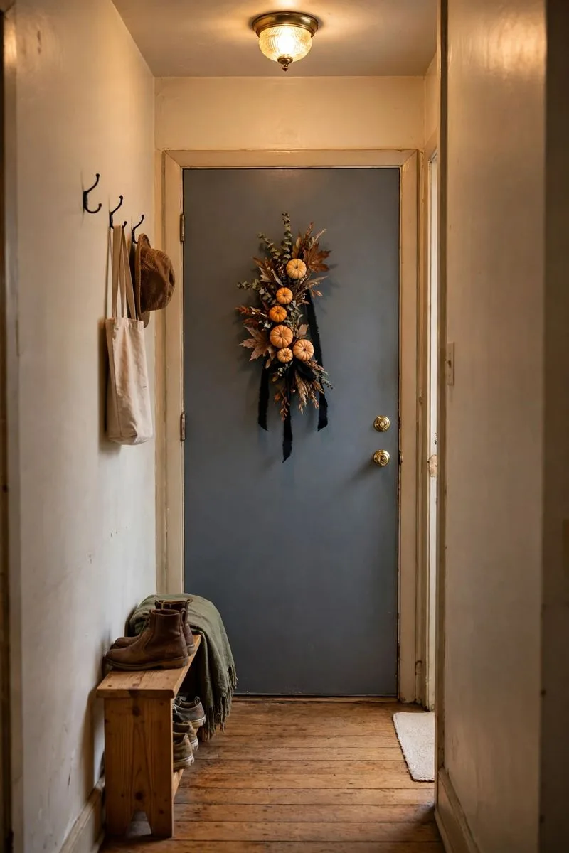 Slim Halloween wreath with small pumpkins, black ribbon and dried leaves on a front door